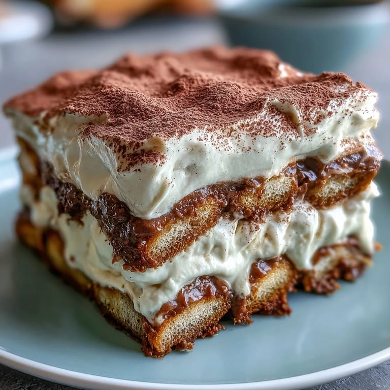 Hojicha-Tiramisu mit goldbraunen Löffelbiskuits, bestäubt mit Kakao und serviert auf einem rustikalen Teller.