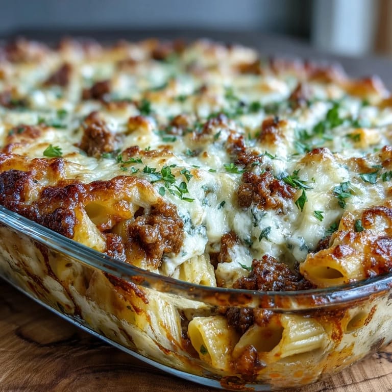 Herzhafte Pasta-Bake-Schüssel mit Cottage Cheese und Hackfleisch, belegt mit geschmolzenem Käse und frischer Petersilie für ein proteinreiches Abendessen.  