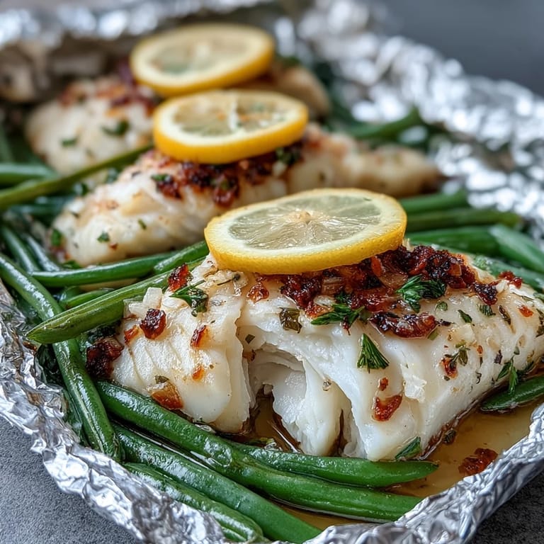 2. Gesunde Tilapia-Päckchen mit Zitronen-Knoblauch-Marinade und grünen Bohnen - Leichtes, kalorienarmes Abendessen mit frischem Fisch, grünen Bohnen und aromatischer Zitrone.