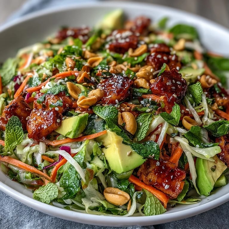 Lebendiger veganer Frühlingsrollensalat mit Zitronen-Erdnussdressing, perfekt als leichte Mahlzeit oder Beilage.