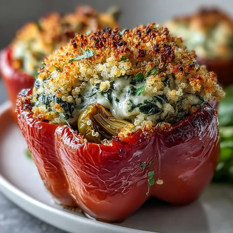 Herzhafte vegane Paprika gefüllt mit einer würzigen Cashew-Sauce, frischem Spinat und Artischocken, goldbraun überbacken.