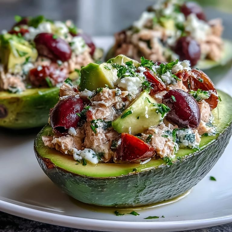 Ein frischer und farbenfroher Teller mit halbierten Avocados, gefüllt mit einem würzigen Thunfischsalat aus Oliven und Feta.