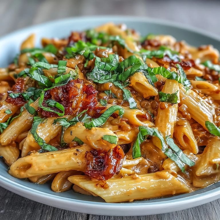 1. Cremige vegane Pasta mit gerösteten roten Paprika und Linsen, perfekt für ein gesundes Abendessen.