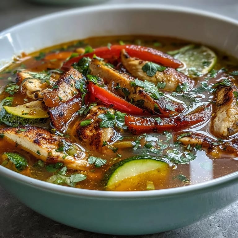 Gesunde Ein-Topf-Hähnchen-Fajitasuppe mit Zucchini und Paprika, vollgepackt mit knackigen Gemüse und rauchigen Gewürzen für ein wohltuendes Gericht.  
