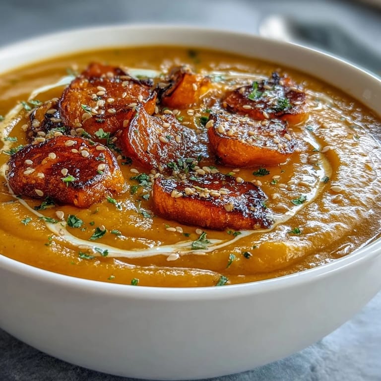 3. Japanisch inspirierte Suppe mit karamellisiertem Butternusskürbis, weißem Miso und frischem Ingwer, perfekt für eine glutenfreie Mahlzeit.