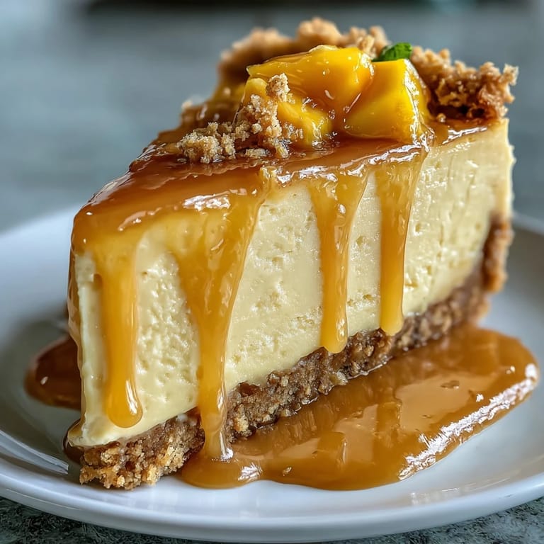 2. Cremiger Käsekuchen mit aromatischem Mangoschwung, serviert auf buttrigem Keksboden und verfeinert mit hausgemachtem Mangosauce.