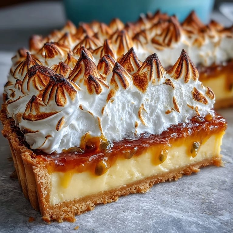 Aromatische Passionsfrucht-Tarte mit goldgelber, cremiger Füllung in knusprigem Mürbeteig, verfeinert mit luftigem Baiser. Ideal für ein süßes Highlight.