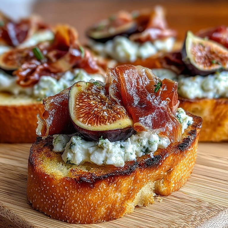 Klassische italienische Crostini mit goldbraunem Brot, feinem Prosciutto und frischen Feigen, garniert mit Thymian und Honig.