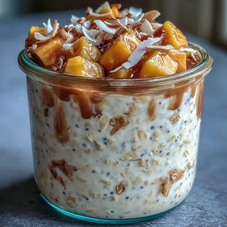 Verlockendes Glas Overnight Oats mit Mango und Kokos, dekoriert mit knusprigen Nüssen und einem Honigtröpfchen.