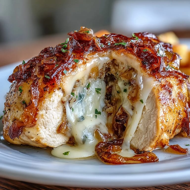 2. Goldbraune Hähnchenbrüste mit herzhaftem Zwiebel-Käse-Füllung, garniert mit frischer Petersilie und knusprigem Parmesan.  