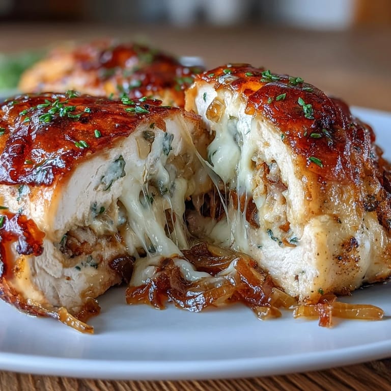 3. Aromatische Hähnchenbrüste, gefüllt mit süßen karamellisierten Zwiebeln und cremigem Gruyère, perfekt für ein gemütliches Abendessen.