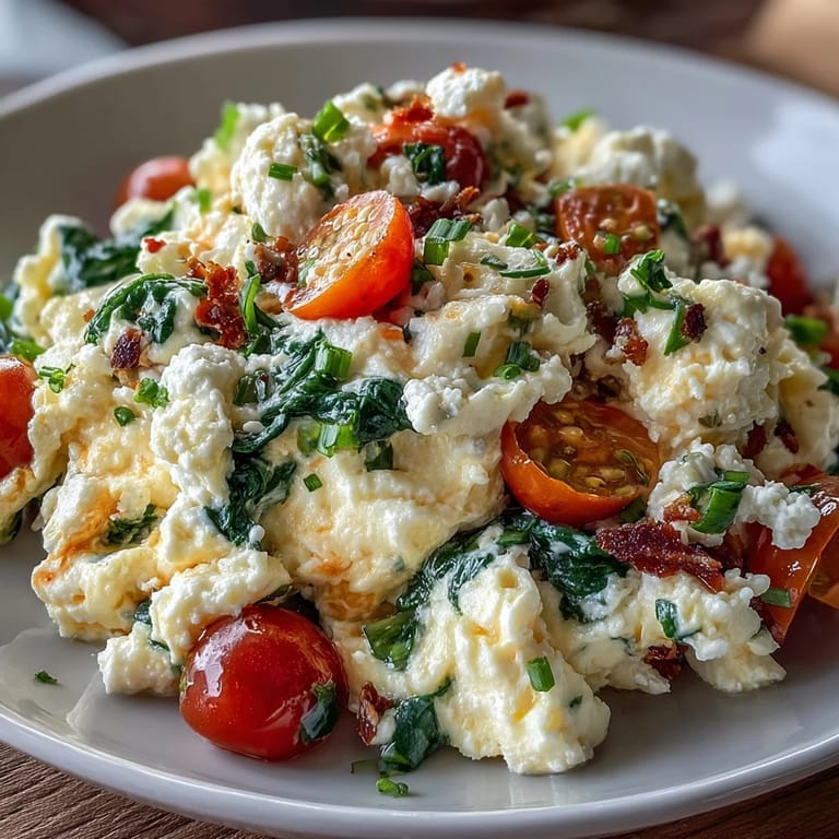 3. Cottage Cheese Egg Scramble with Veggies: Soft, cheesy scrambled eggs with vibrant sautéed vegetables, garnished with oregano for a hearty, vegetarian breakfast dish.