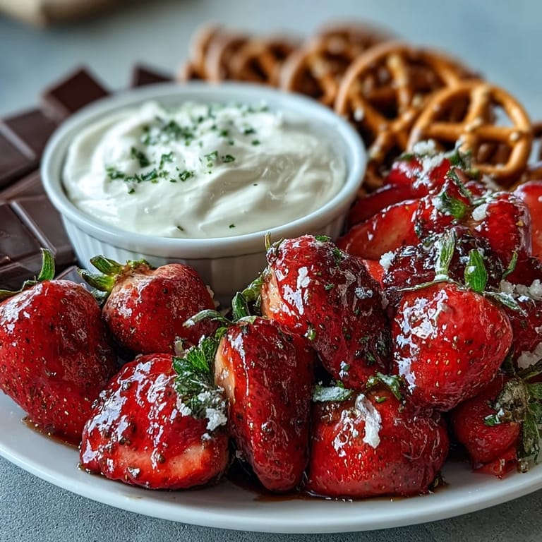 Bunter Snack-Teller mit frischen Erdbeeren, süßen Trauben, knackigen Äpfeln und einem Löffel cremigem Joghurt-Dip.