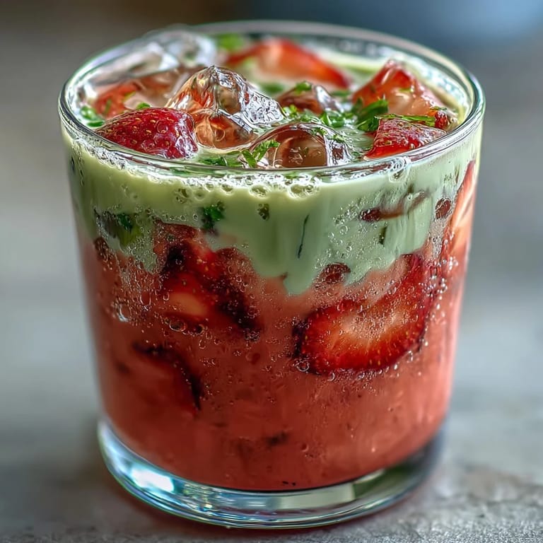 Erdbeer-Matcha-Eislatte mit Hafermilch: Instagram-tauglicher Drink mit frischen Erdbeeren, Matcha und kalter Hafermilch.