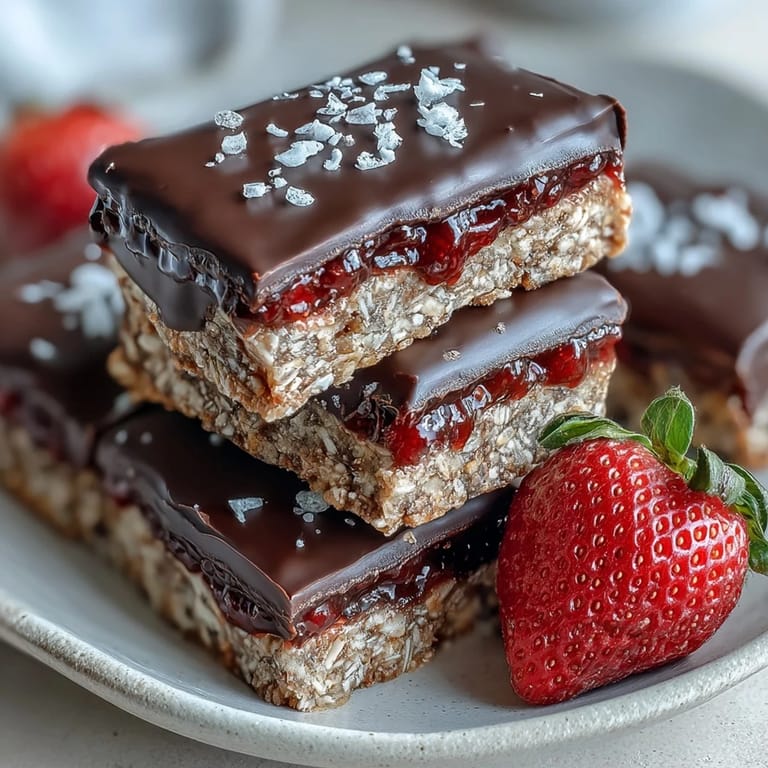 2. Diese veganen Haferriegel sind mit Erdbeermarmelade gefüllt und in dunkle Schokolade getaucht – ein köstlicher, no-bake Genuss.