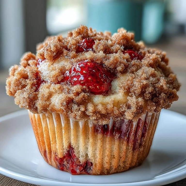 Erdbeer-Sauerteigmuffins mit goldgelber Streuselhaube, gefüllt mit frischen, saftigen Beeren.