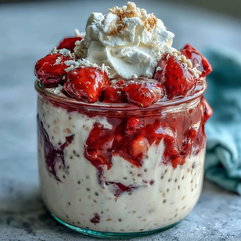 2. Schichtweise angerichtete Erdbeer-Shortcake-Overnight-Oats mit griechischem Joghurt und süßen Erdbeeren, gekrönt mit knusprigen Keksbröseln und Sahne.