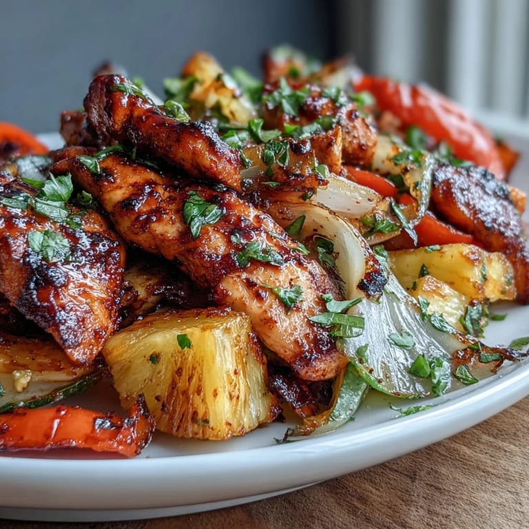 Tex-Mex-Fajitas aus dem Ofen mit goldbraunem Hähnchen, karamellisiertem Ananas und frischem Koriander auf warmen Tortillas.