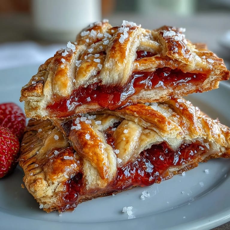 Frische Erdbeer-Handpasteten mit luftigem Teig und leuchtend roter Füllung, ideal für unterwegs.