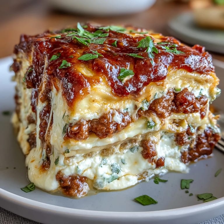1. Schichtweise Ultimate Comfort Food Lasagna mit reichhaltiger Fleischsauce, cremiger Ricotta und geschmolzenem Mozzarella für gemütliche Familienessen.