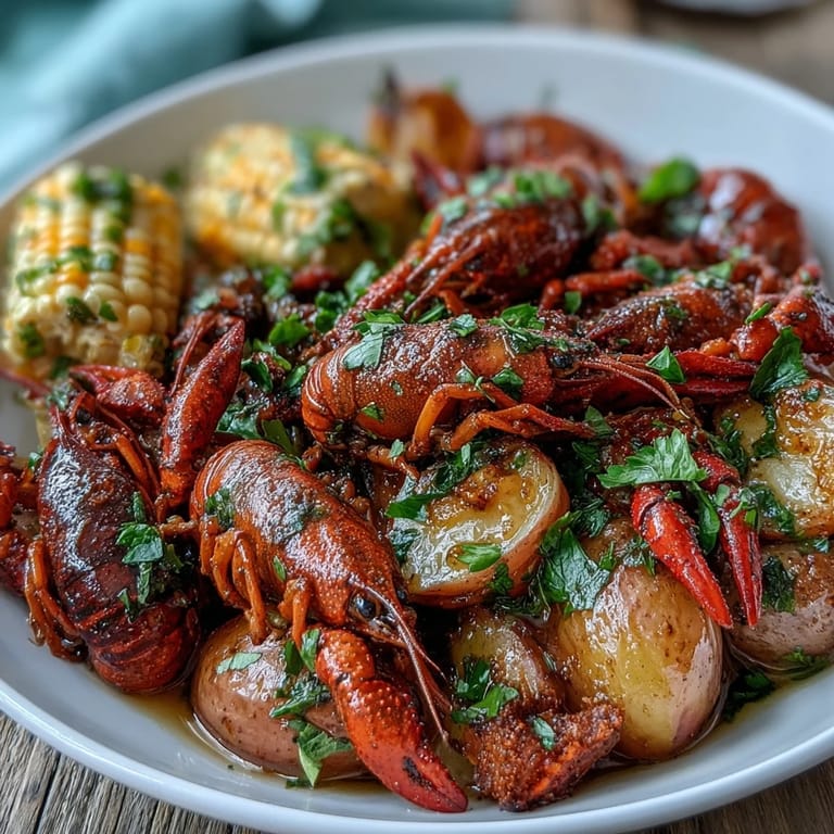 Ein dampfender Topf mit Louisiana-Krebsen, Maiskolben und Kartoffeln, gewürzt mit kräftigen Cajun-Gewürzen.