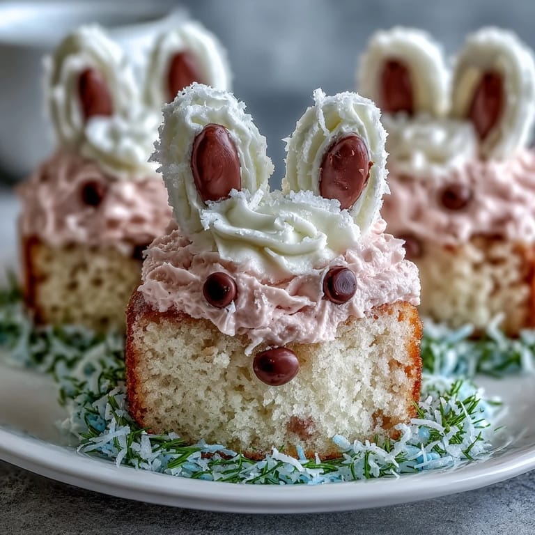 Zarte Vanille-Muffins in Hasenform, mit Marshmallows, Schokolade und Kokosraspeln dekoriert.
