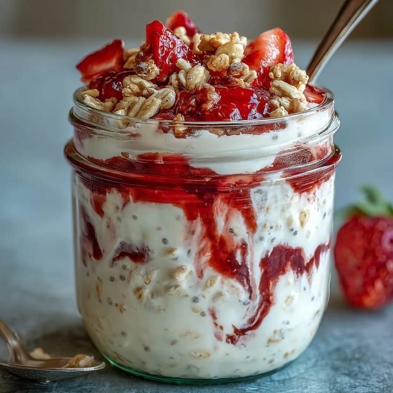 Fluffy Yogurt Overnight Oats mit Erdbeerwirbel: Eine farbenfrohe Kombination aus griechischem Joghurt, Haferflocken und selbstgemachtem Erdbeerpüree, gekühlt und servierfertig.