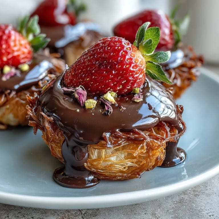 Dubai-Style Strawberry Cups mit Kataifi und dunkler Schokolade: duftende, buttrige Teigblüten gefüllt mit frischen Erdbeeren und Pistazien.