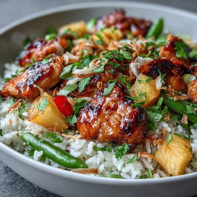 Saftige Hähnchenstücke mit tropischer Ananas und Kokosreis, serviert in farbenfrohen Schüsseln mit knusprigem Gemüse und Limettenabrieb.