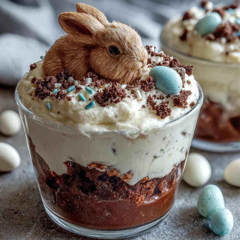 Oster-Bunny-Dirt-Cups mit Schokoladenpudding und Oreos: Verspielte Dessert-Cups mit cremigem Schokoladenpudding, Keksbröseln und festlichen Osterhasen-Dekorationen.