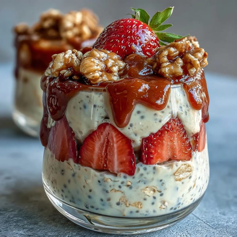 Erdbeer-Chia-Overnight-Oats mit Granola, perfekt geschichtet für ein schnelles, gesundes Frühstück.
