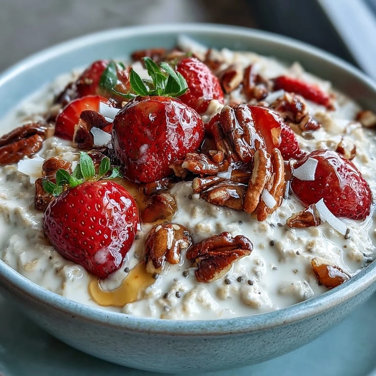 Overnight Oats mit Erdbeeren und Chiasamen – cremige Haferflocken mit süßen Früchten und knusprigen Nüssen.
