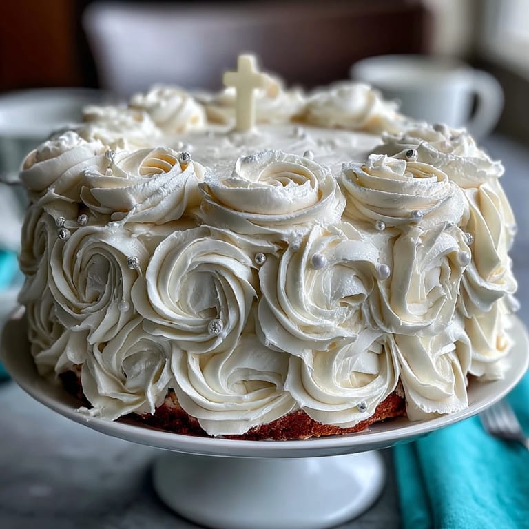 Zarter Vanillekuchen mit seidiger Buttercreme, dekoriert mit handgefertigten weißen Fondantrosen und einem Kreuzaufsatz.