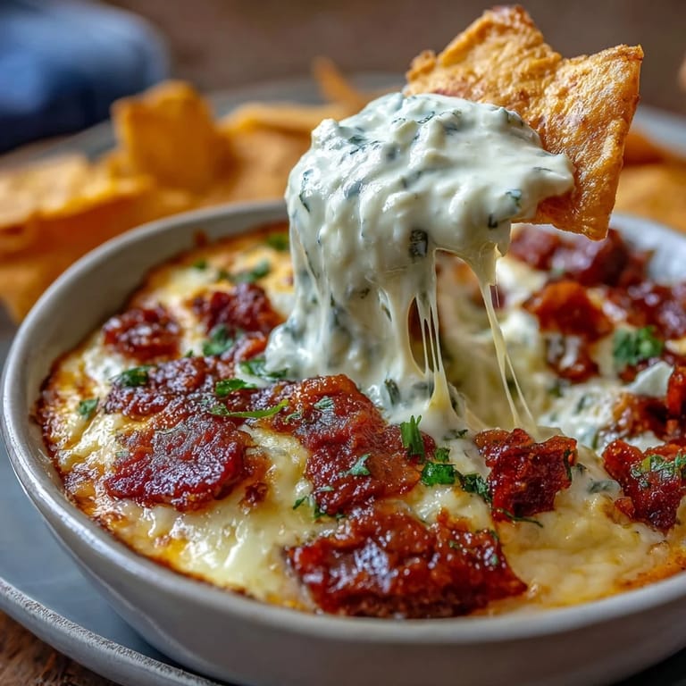 Cremiger Cinco de Mayo Queso-Dip mit geschmolzenem Käse, Jalapeños und Tortilla-Chips zum Dippen.