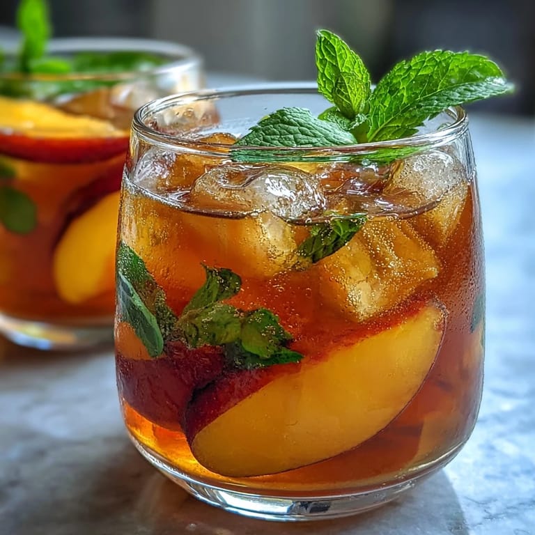 Kühl und fruchtig: Mango-Pfirsich-Eistee mit Minze, ein sommerlicher Genuss.