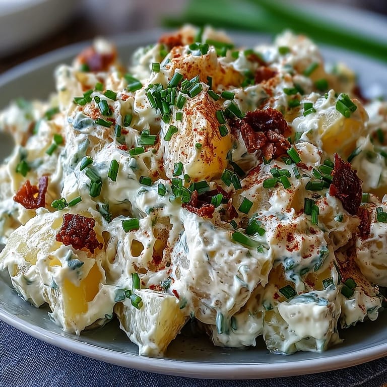 Goldgelbe Kartoffeln mit knusprigem Sellerie und gehackten Eiern in cremigem Deviled-Egg-Sauce.