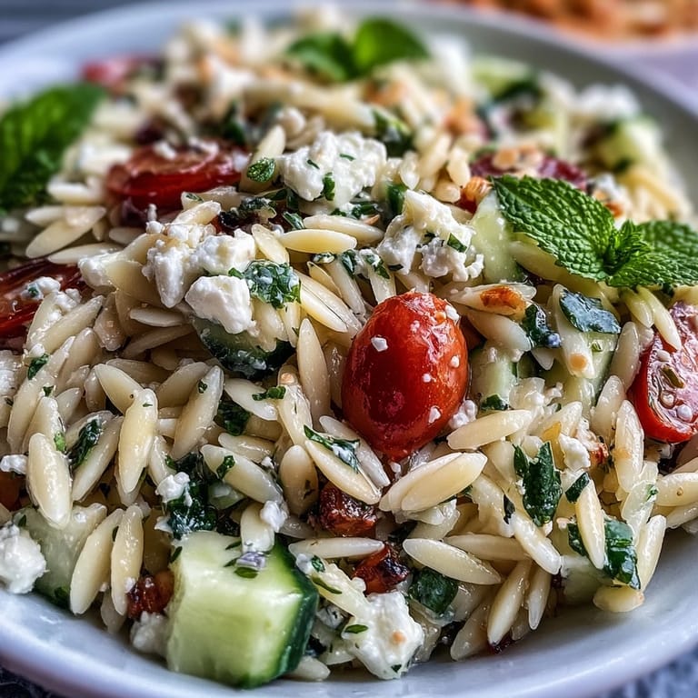Leckerer mediterraner Orzo-Salat, garniert mit Feta, Gurke und einem spritzigen Dressing.