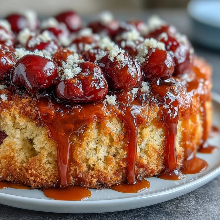 Luftiger Cherry Almond Upside-Down Cake, perfekt garniert und unwiderstehlich.