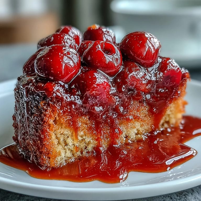 Genießen Sie diesen köstlichen Cherry Almond Upside-Down Cake am Nachmittag.