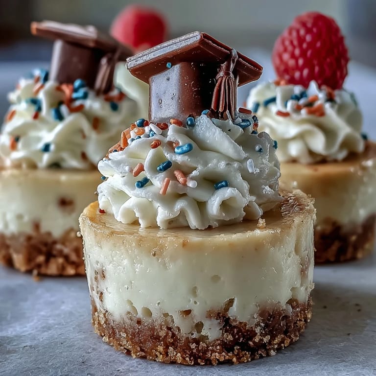 Mini-Käsekuchen auf krossem Boden, dekoriert für fröhliche Abschlussfeiern.