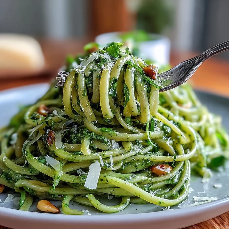 Genießen Sie diese no-cook Avocado-Pesto-Pasta, garniert mit Basilikum.