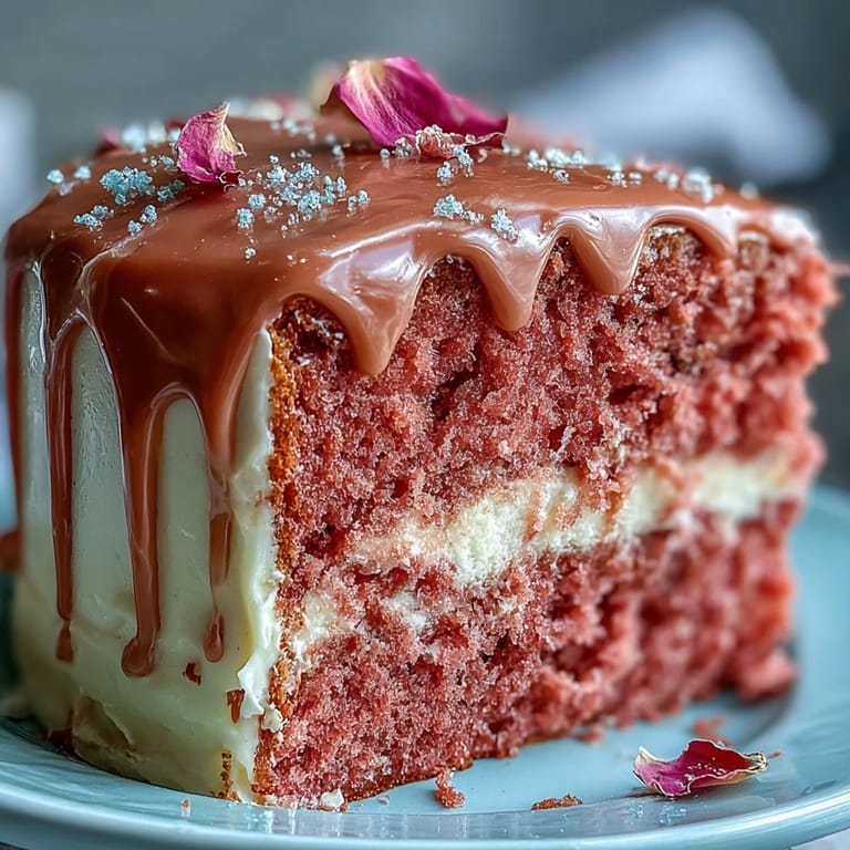 Luxuriöse Bridal Shower Rosé Velvet Cake, servierfertig mit glänzendem Gold-Drizzle.