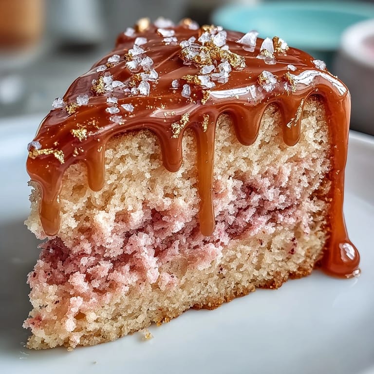 Dekorativer Rosé-Samtkuchen, präsentiert mit schimmerndem Goldtröpfchen-Design.