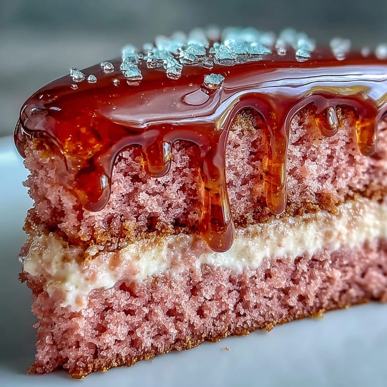 Festlicher Rosé Velvet Cake mit glänzendem Goldtropfen für besondere Anlässe.