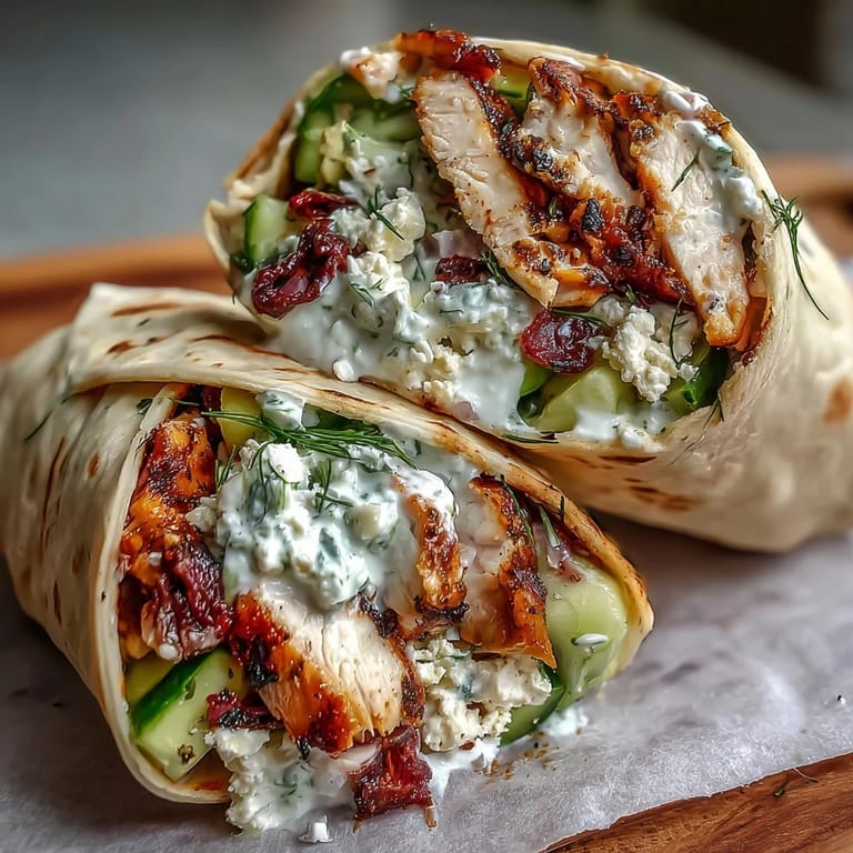 Genießen Sie diese saftigen Tzatziki-Hähnchen-Wraps mit Gurkenwürfeln und salzigem Feta.