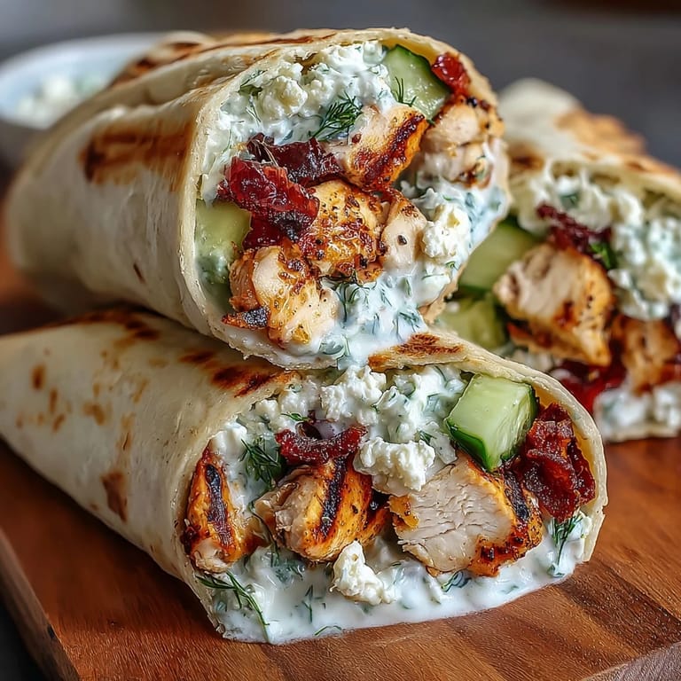 Ein Blick auf Tzatziki-Hähnchen-Wraps, serviert mit frischem Gemüse und cremigem Joghurt.