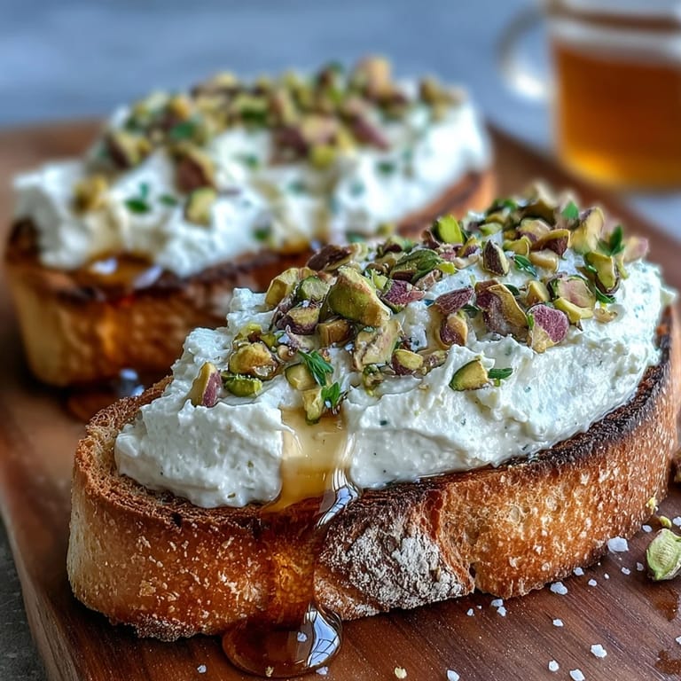 Luftiger Whipped Ricotta Toast, dekoriert mit Honig und knackigen Pistazien.