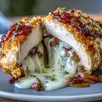 1. Saftige Hähnchenbrüste gefüllt mit karamellisierten Zwiebeln und geschmolzenem Käse, serviert auf einem rustikalen Holzbrett.  