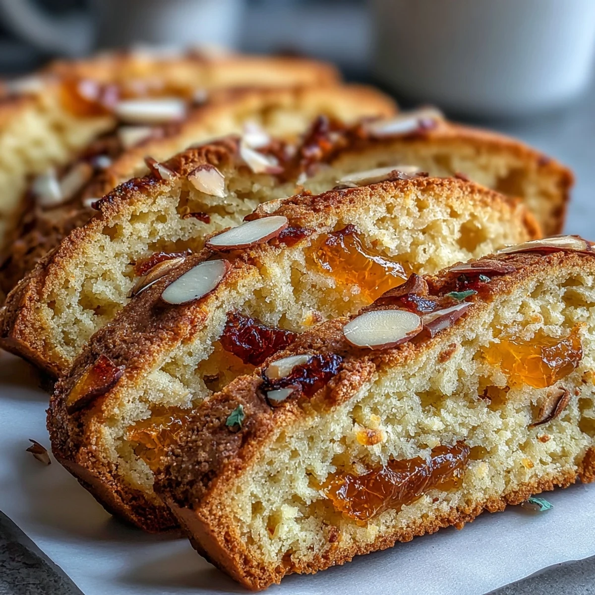 Knusprige, zweimal gebackene italienische Biscotti mit Orangenzesten und süßen kandierten Orangenschalen, perfekt zum Eintunken in Kaffee oder Dessertwein.