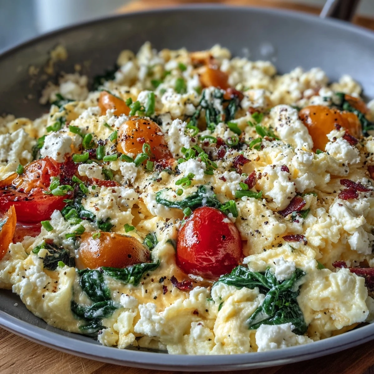 1. Cottage Cheese Egg Scramble with Veggies: A creamy, protein-packed breakfast scramble with fluffy eggs, sautéed spinach, and bell peppers, served hot for a nourishing start.  